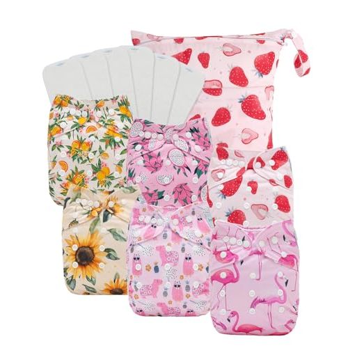 Babygoal Baby Cloth Diaper 6 Pack with 6pcs Inserts and Wet Bag for Fitted Diapers and Prefolds, Adjustable and Reusable Covers for Toddler Boys and Girls