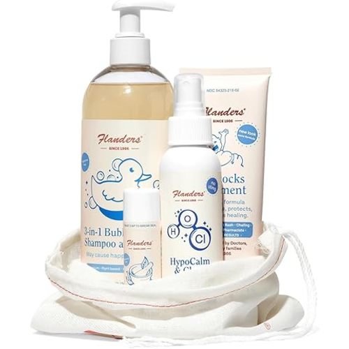 Flanders Baby Care Kit | Healing Balm Stick, Diaper Rash Ointment, Hypochlorous Spray & 3-in-1 Bubble Bath Shampoo | Sensitive Skin Baby Care Essentials with Drawstring Gift Bag