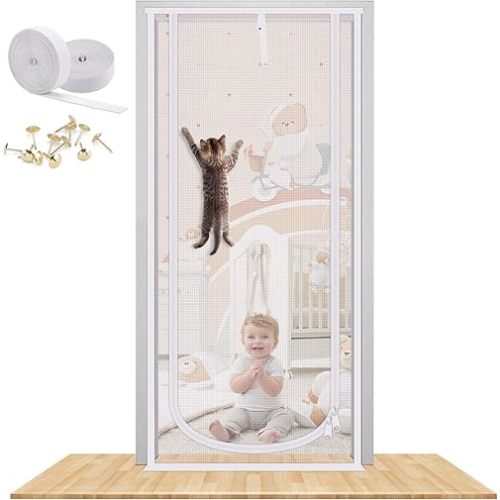 Reinforced Cat Screen Door, 32”X82” Heavy Duty Pets Proof Screen Door with Bilateral Zipper, Prevent Dogs Cats Running Out from Home, Bedroom, Living Room, Kitchen Patio Door