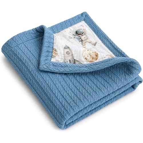 Mouliss Muslin Baby Blanket, Cable Knit, 41x30 in, Blue Astronaut