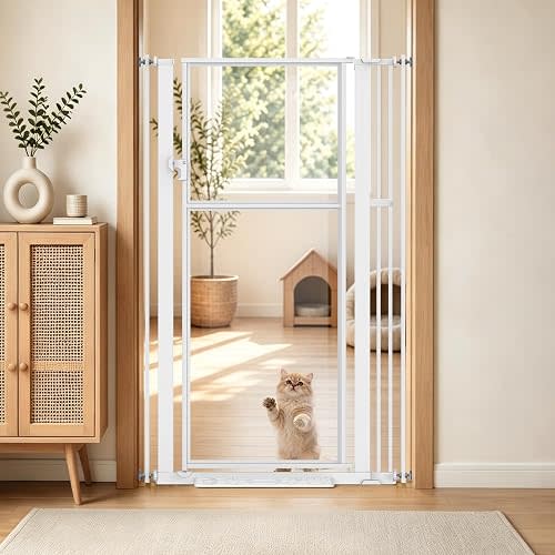 56" High Extra Tall Cat Gate, 33.5-37.4" Wide Clear Acrylic Baby Gate for Doorways Stairs, No Drilling Pet Safety Gate Indoor, Metal Frame Transparent Barrier for Cats- White