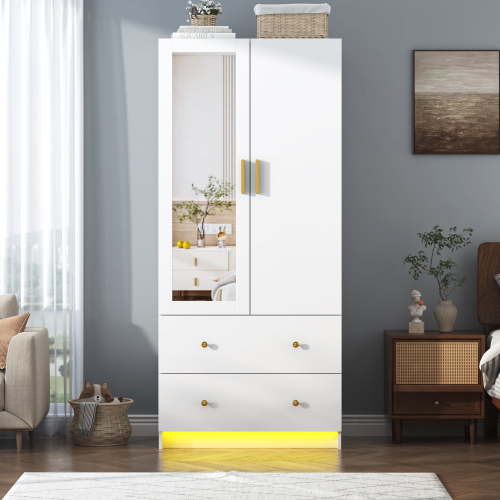 Blotout 70" Armoire Wardrobe Closet with Mirror, LED Wardrobe Armoire with 2 Drawers, 2 Door Wood Armoire Storage with Hanging Rods and Multi-Layer Shelves