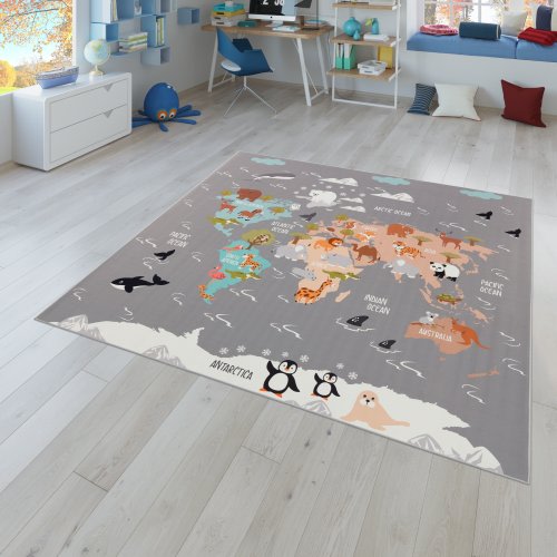 Kids Rug Play Mat with World Map & Charming Animals in Grey