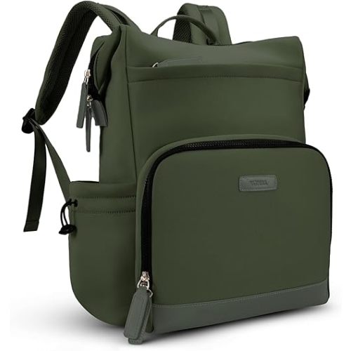 VONAL Neoprene Diaper Bag Backpack with Changing Pad, 33L Large Capacity Neoprene Backpack Baby Diaper Bag with Insulated Pockets, Travel Diaper Backpack Baby with 12 Pockets for Mom & Dad, Green