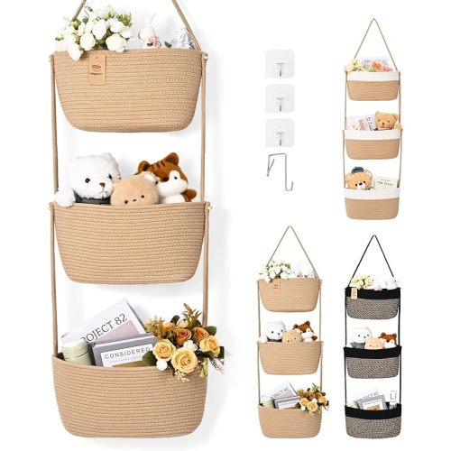 Hanging Basket, 3-Tier Wall Baskets, Over the Door Organizer with 4 Hooks, Hanging Baskets for Organizing, Woven Storage Basket Behind the Door for Nursery, Bedroom, Living Room, Kitchen
