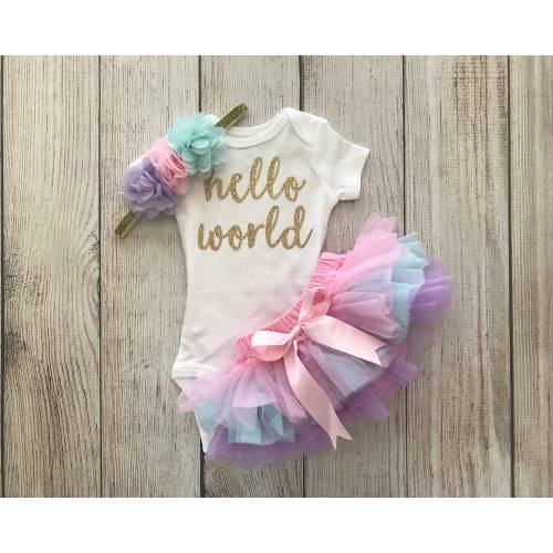 Baby Girl Coming Home Outfit: Gold Glitter 'Hello World', Pastel Rainbow Tutu Bloomers