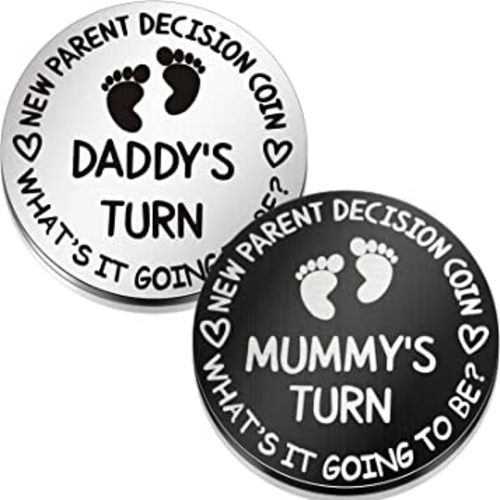 Hicarer 2 Pieces Fun New Parents Decision Coin Double Sided Decision Making Coin New Baby Pregnancy Gift for First Time Mommy Daddy Push Present for Christmas Thanksgiving Sliver and Black