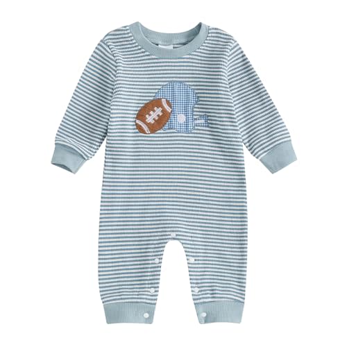 Karuedoo Newborn Baby Boy Girl Football Outfit Rugby Embroidery Stripe Romper Waffle Knit Long Sleeve Jumpsuit Fall Clothes