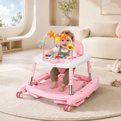 Kmaier 5-in-1 Foldable Baby Walker with Wheels, Music and Lights, 5 Adjustable Heights,Pink