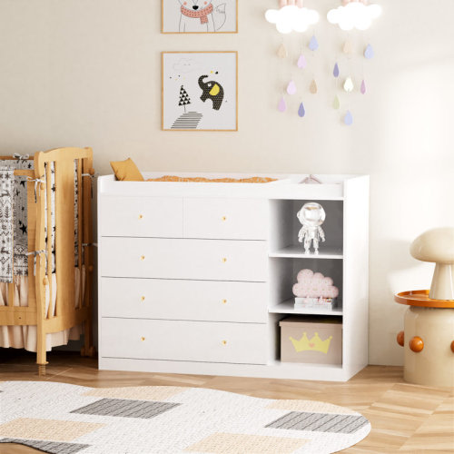 Isabelle & Max™ 47.2'' Wood Baby Changing Table Dresser With 5 Drawers Diaper Change Table Changing Station Storage Dresser Chest for Infant Mobile Nursery Organizer for Newborn,White and Natural & Reviews | Wayfair