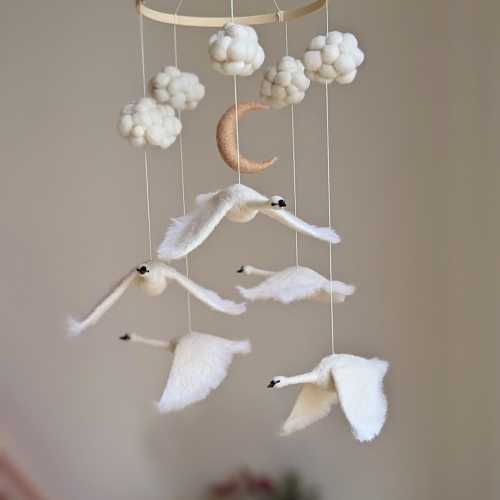 Swans Nursery Mobile: Needle Felted Wool Swans, Clouds & Moon