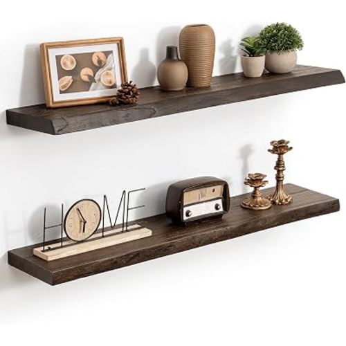 36 Inch Live Edge Floating Shelves, 8 Inch Deep Solid Elm Wood Wall Shelf, Heavy-Duty Wall Mounted Shelf with Invisible Brackets for Living Room, Bathroom, Kitchen, Set of 2, Walnut Color