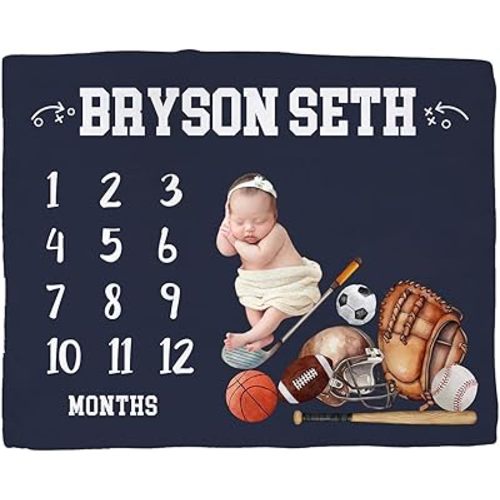 Personalized Baby Boy Milestone Blanket with Name – Custom Sports Monthly Growth Tracker – Soft Fleece Newborn Photo Blanket – Shower Gift for Baby Boys