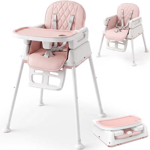 3-in-1 Convertible Baby High Chair, Compact Pack-Away Toddler Feeding Seat with Built-in Leg Storage, Pink