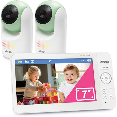 VTech 2-Cameras Video Baby Monitor with 7" Color LCD Screen, Rechargeable Battery, Video and Audio Streaming, Pan-Tilt-Zoom, Touch Multi-Color Night Light, Two-Way Talk: Advanced Max Twin (Green)