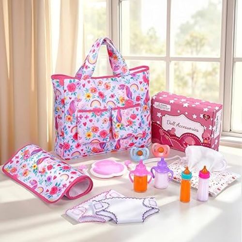 BABESIDE 14 Pcs Baby Doll Diaper Bag Set with Magic Bottles, Baby Doll Accessories Includes Changing Mat, Diapers and Bottle with Disappearing Milk for 12-16 Inches Dolls Kids Gift