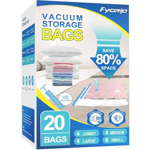 Fygrip 80% Space Saver Vacuum Storage Bags with Hand Pump, 20 Combo | Plastic Packaging Bags, Vacuum Seal Bags for Clothing, Travel Lugggage, Blankets, Comforters