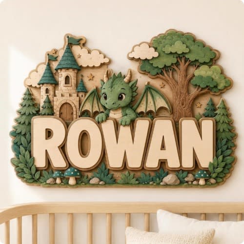 Personalized Dragon Nursery Name Sign, Layered Wood Castle Wall Decor, Fantasy Baby Boy Room Sign, Custom Name Plaque, Dragon Gift