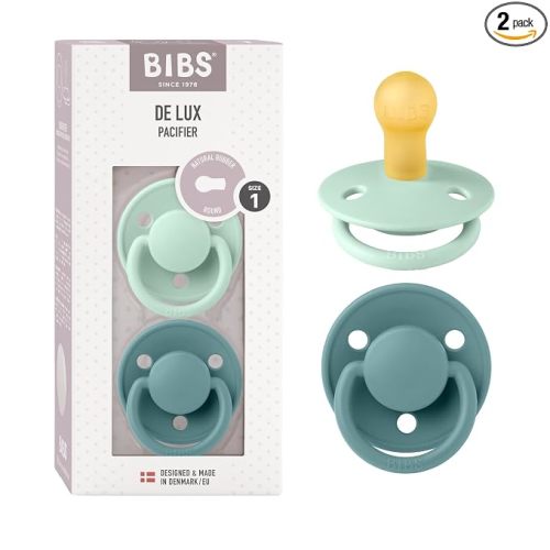 6-12 month: BIBS De Lux Baby Pacifier 2-Pack | Made in Denmark | BPA Free Dummy Soother, Round Nipple. Natural Rubber Latex, Size 2 (6-18 Months), Nordic Mint/Island Sea