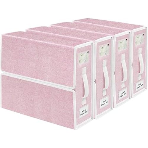 Bed Sheet Organizers and Storage, 4 Pack Foldable Linen Closet Storage with Window and Label (King & Queen Size), Bedding Storage Box for Blanket, Bedsheets, Duvet Covers and Pillow(Pink)