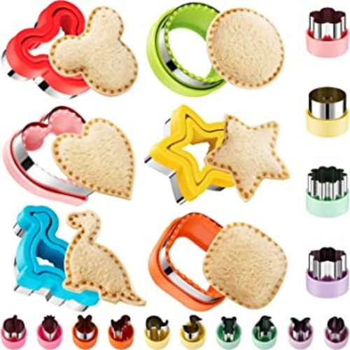 20Pcs Sandwich Cutter and Sealer Set for Kids, Decruster Maker Holiday Heart Cookie Cutters Fruit Vegetable Shapes Boys & Girls Bento Lunch Box with Mickey Mouse Dinosaur Star, etc