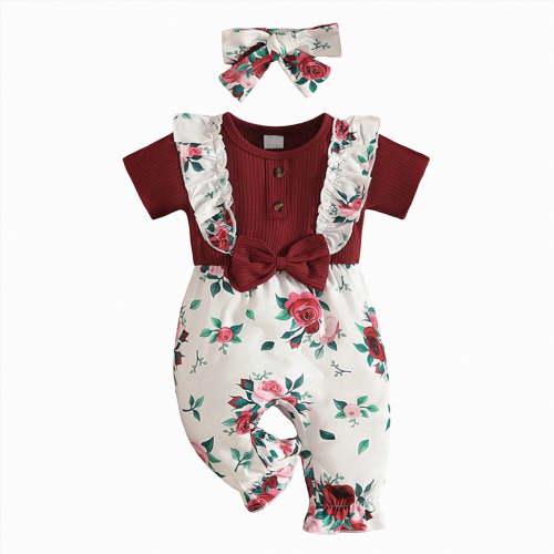 CAICJ98 Newborn Baby Girl Clothes Ruffle Short Sleeve Bow Jumpsuit Corduroy Floral Romper+Headband Cute Spring Summer One Piece Outfit (Wine,0-3 Months)