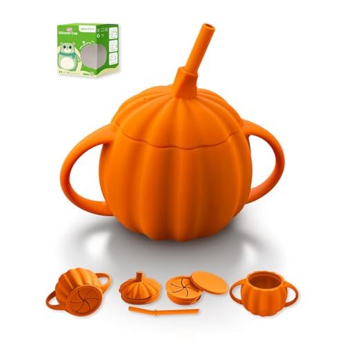Qyeejong Silicone Straw Cup/Snack Cup for Baby Toddler, Replaceable Tops, Spill Proof, BPA Free, Toddler Training Cup with Straw & Snack Containers Lid, Halloween Pumpkin Design