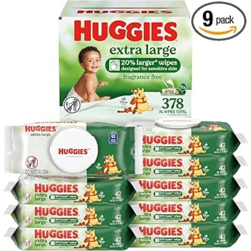 Huggies Extra Large Baby Wipes, Unscented, 9 Flip-Top Packs, 378 XL Wipes Total, Packaging May Vary