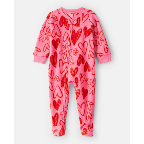 Baby Girl Heart Fleece Long-Sleeve Loose Fit 1-Piece Pajamas - Pink/Red - Carter's | Carter's