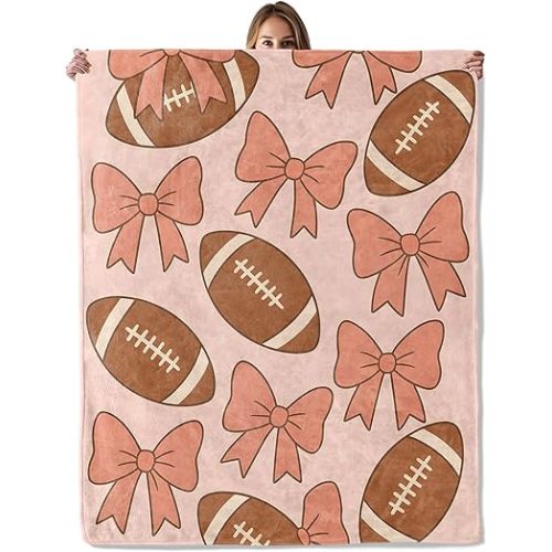 Football Bow Throw Blanket for Adutls Kids, 50x60 in, Cozy Soft Warm Fleece Blankets Gifts for Couch, Camping, Hiking Decor