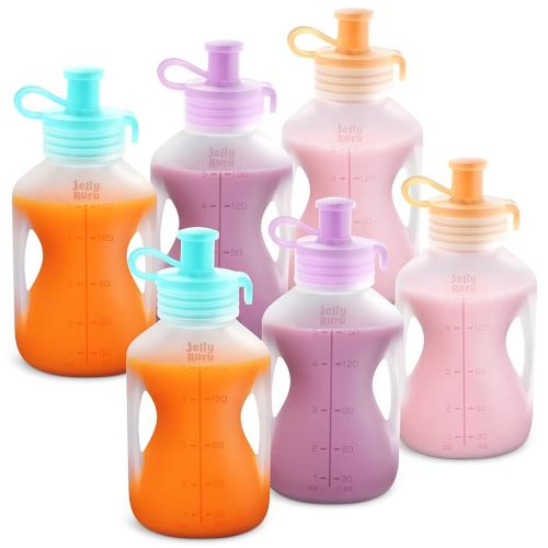 Silicone Reusable Baby Food Pouches with Straws, 6 Pack Leakproof Refillable Squeeze Pouches, Dishwasher, Freezer, Microwave Safe, 5OZ Baby Food Storage for Homemade Puree, Yogurt