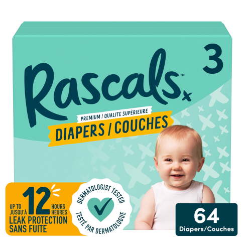 Rascals Premium Diapers, Size 3, Small Carton, 64 Count, Preemie to Size 7 - Walmart.ca