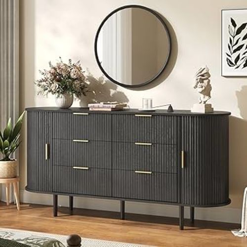 Fluted 6 Drawer Dresser, 63" Wide Modern Chest of Drawers with Gold Metal Handles, Curved Edge Design, Wood Storage Credenza Cabinet for Bedroom,Living Room, Black