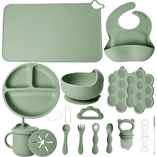 19 Pcs Silicone Baby Feeding Set Eating Essentials for Newborn | Toddler Plates and Bowls Set with Bib Sippy Cup Fruit Feeder Freezer Tray Fork & Spoon Infant Led Weaning Supplies Utensils