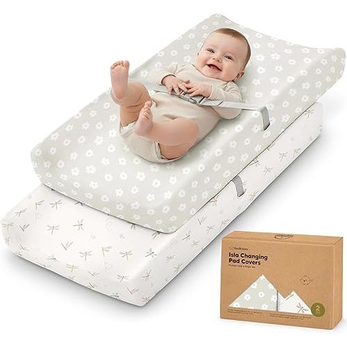 2-Pack Baby Changing Pad Cover for Girl, Boy - 32x16 Soft Viscose Derived from Bamboo Baby Diaper Changing Table Pad Cover Sheets, Neutral, Snug Fit Nursery Diaper Change Sheets (Meadow)
