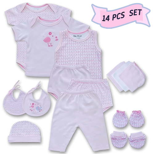 Baby Bright Newborn Layette Set, 14pcs Baby Girl Essentials, Cotton Baby Shower Gifts, 0-3 Months