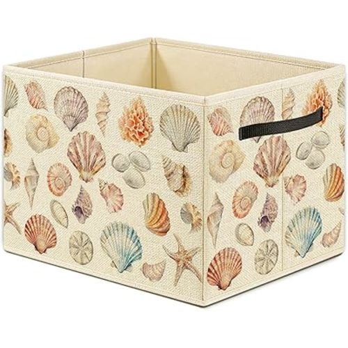 Coastal Seashell Storage Bin, Toy Book Clothes Organizer, Nursery Laundry Basket for Baby Boys Girls Room Summer Decor