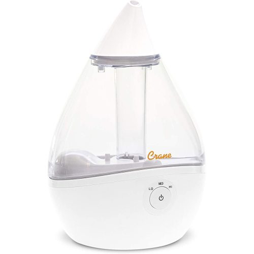 Crane Ultrasonic Teardrop Humidifier for Baby, Cool Mist, Auto Shut off, Adjustable Humidity, for Nursery, Bedroom, Clear and White, 0.5 Gallon