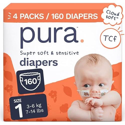Pura Baby Diapers Size 1-160 Count, 7-14lbs, 12hr Leak Protection, Gentle Newborn Diapers, Hypoallergenic & Sensitive Baby Skin, Toxin-Free*, Blowout Blocker™, Wetness Indicator