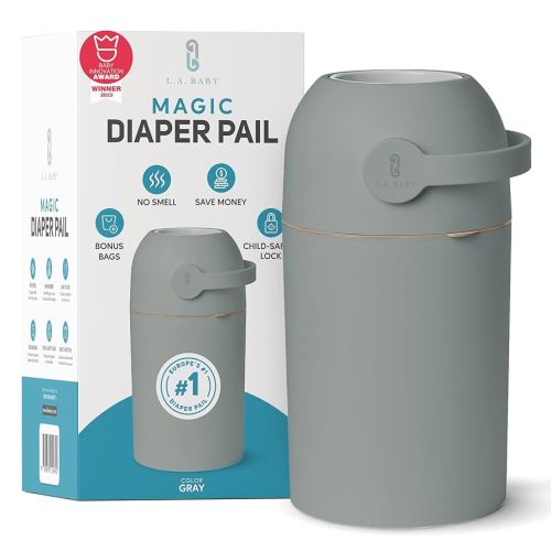 L.A. BABY Magic Diaper Pail - Patented 100% Odor-Free System with Child-Safe Lock - Award-Winning Design - No Refills Required - Works with Regular Trash Bags - Green