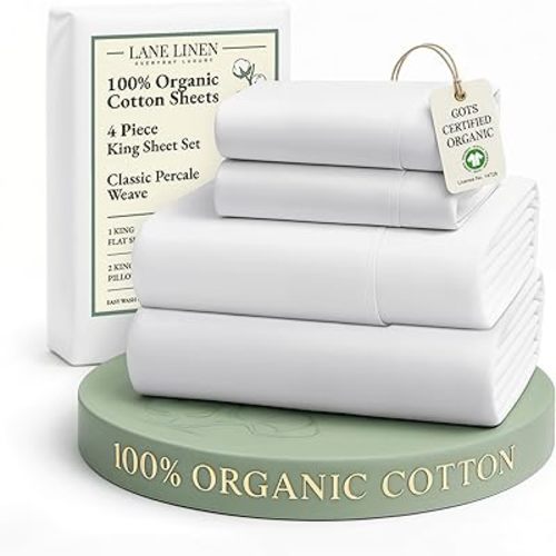 LANE LINEN 100% Organic Cotton King Size Sheets Set, Soft & Comfy All Season Breathable Sheets King Size, Percale Weave Fully Elasticized Eco Friendly Naturally Cooling King White Bed Sheets