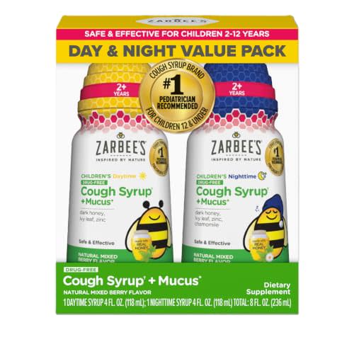 Zarbee's Kids Cough Syrup + Mucus Value Pack with Honey, 2 x 4 fl oz | For Kids Ages 2+ Years, Mixed Berry Flavor, Honey, Ivy Leaf, Zinc, Elderberry & Chamomile, Pediatrician-Recommended