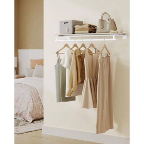 Clothes Rack with Top Shelf, Wall Mounted Clothing Rack, with Hanging Rod, Entryway, Bedroom, Closet, Beige and White