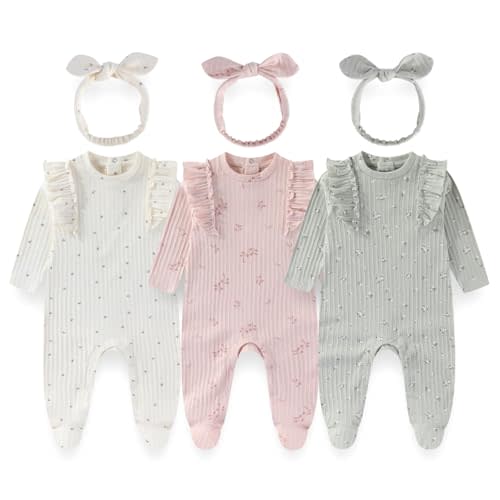 Baby Girls 3-Piece Cotton Floral Outfit Set with Headband Soft Infant Romper Newborn baby clothes