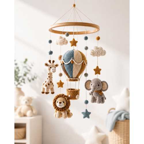 Safari Hot Air Balloon Crochet Baby Mobile, Giraffe Lion Elephant Crib Mobile, Handmade Neutral Nursery Decor, Baby Shower Gift