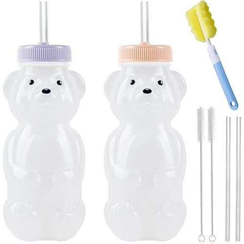 Honey Bear Straw Cups, Juice Bear Bottle Drinking Cup Long Straws with 4 Flexible Straws & Cleaning Tools, 8-Ounce Therapy Sippy Bottles for Speech and Feeding Training, Food-Grade & BPA Free 2 Pack