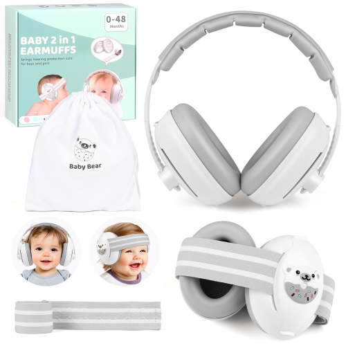 UQN 2-in-1 Baby Ear Muffs Noise Protection, Noise Canceling Headphones for Baby & Toddler 0-36 Months, Adjustable Headband, Hearing Protection Earmuffs in Plane & Improves Sleep - White