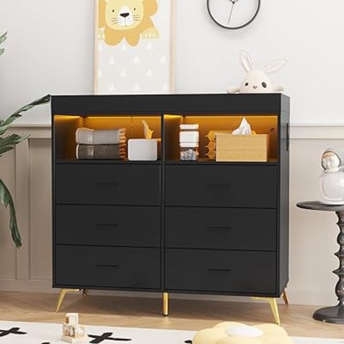 Jojoka Nursery Changing Table Dresser with LED Lighting and Charging Function, 6 Drawer Storage Dresser with 2 Open Compartments, Convertible Baby Diaper Station for Nursery and Bedroom Use