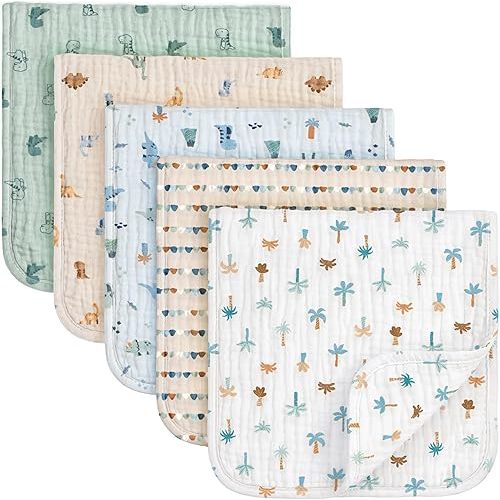 KeaBabies Organic Muslin Burp Cloths Baby Boy, Girl, 5-Pack (Dino Park)