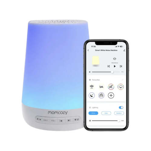 Preventa: Máquina de ruido blanco y luz nocturna para bebé, 34 sonidos relajantes, 7 colores de luz, temporizador y control remoto por app, entrenador de sueño - Momcozy
